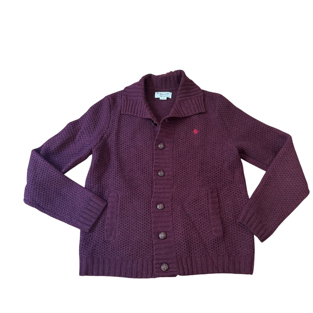 Original Penguin Cardigan Mens Burgundy Shawl Collar Waffle Knit SIZE Large